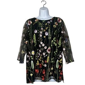 Caroline Rose Colorful Black Floral Embroidered Tunic Top 3/4 Sleeve Size Small